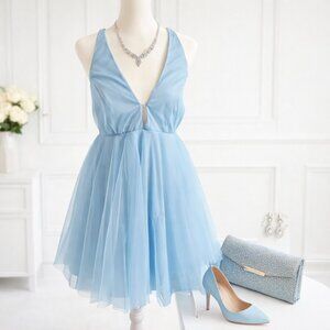 NWT Mabel Sleeveless V-Neck Open Back Tulle Mini Dress Blue - Size Med